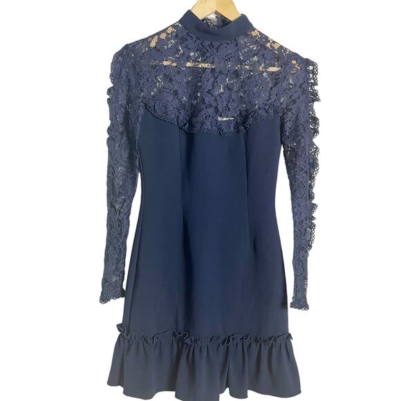 Nicholas Navy Blue Ruffle Trim Lace Long Sleeve Mini Dress Size 2 - Picture 4 of 14